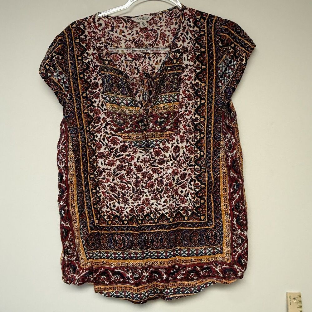 Lucky Brand Bohemian Floral Paisley Print Sleeveless Blouse Size XL Split V-Neck